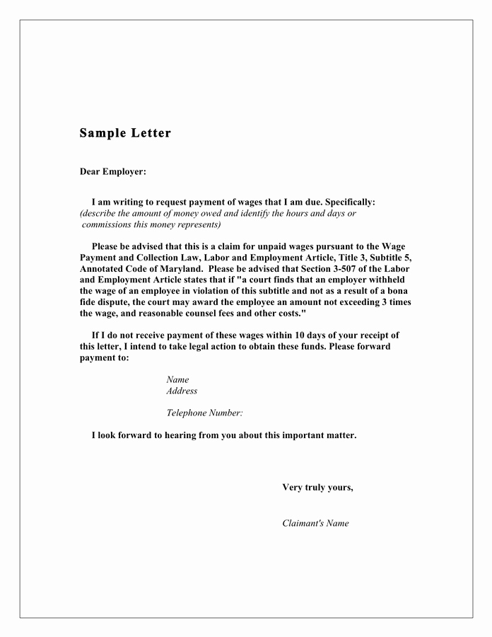 Sample Demand Letter for Payment Luxury Demand Letter to Employer Sample Maryland In Word and