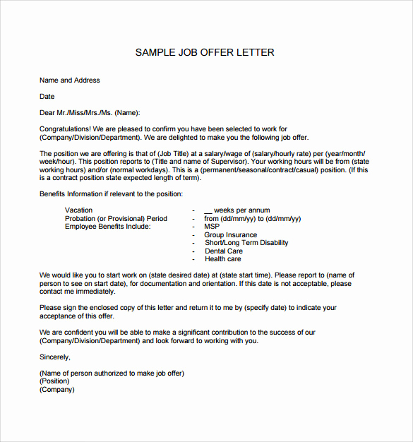 Sample Employment Offer Letter Beautiful Sample Fer Letter Template 14 Free Examples format
