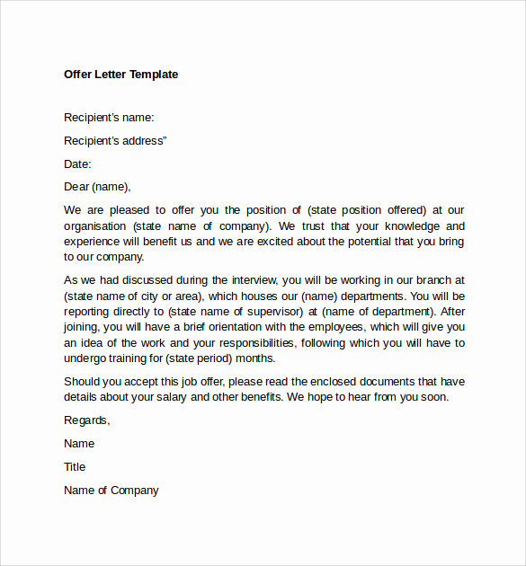 Sample Employment Offer Letter Best Of Sample Fer Letter Template 14 Free Examples format