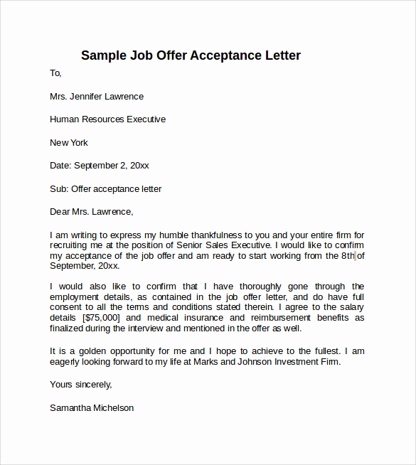 Sample Employment Offer Letter Unique 9 Sample Fer Acceptance Letters to Download
