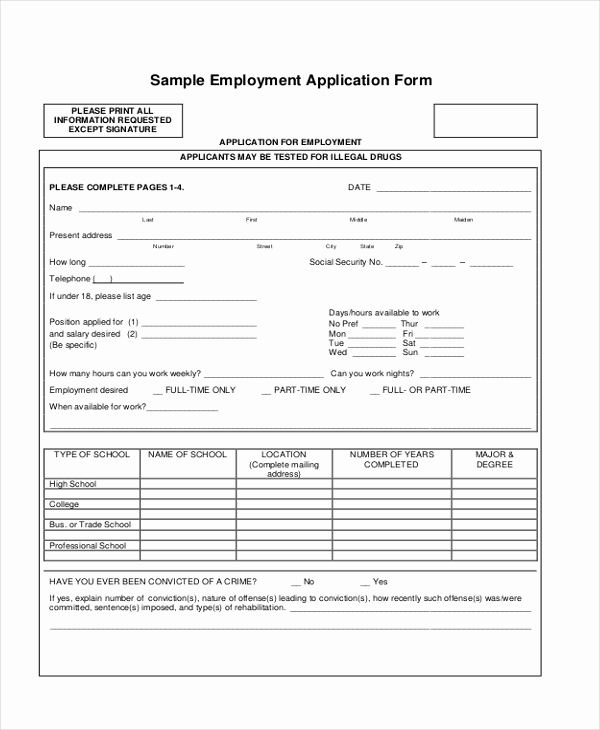 Sample Job Application form Luxury Sample Application for Employment form 10 Free