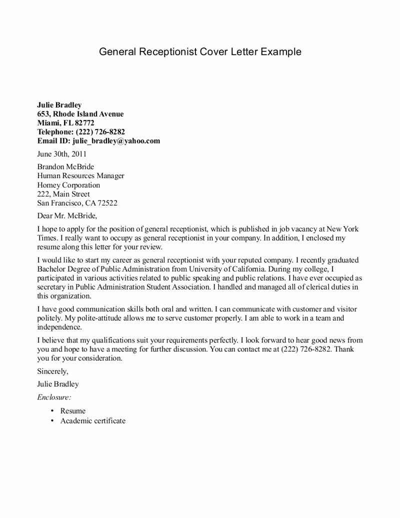 Sample Job Cover Letter Awesome Receptionist Cover Letter Example Jobresumesample