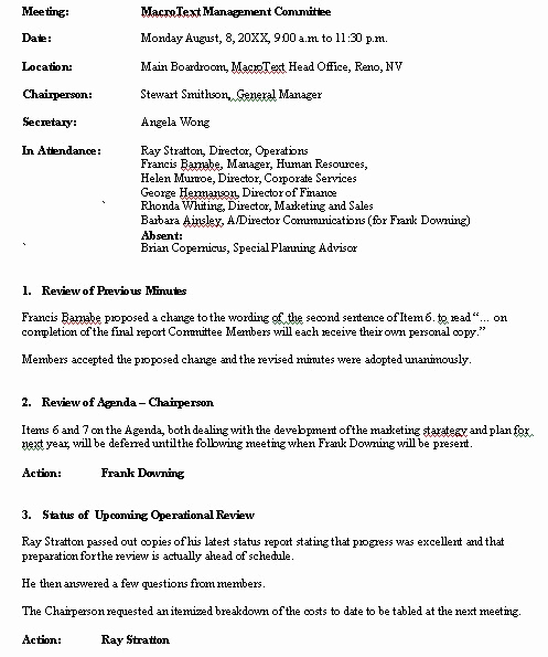 Sample Minutes Of Meetings New Meeting Minutes Sample format for A Typical Meeting