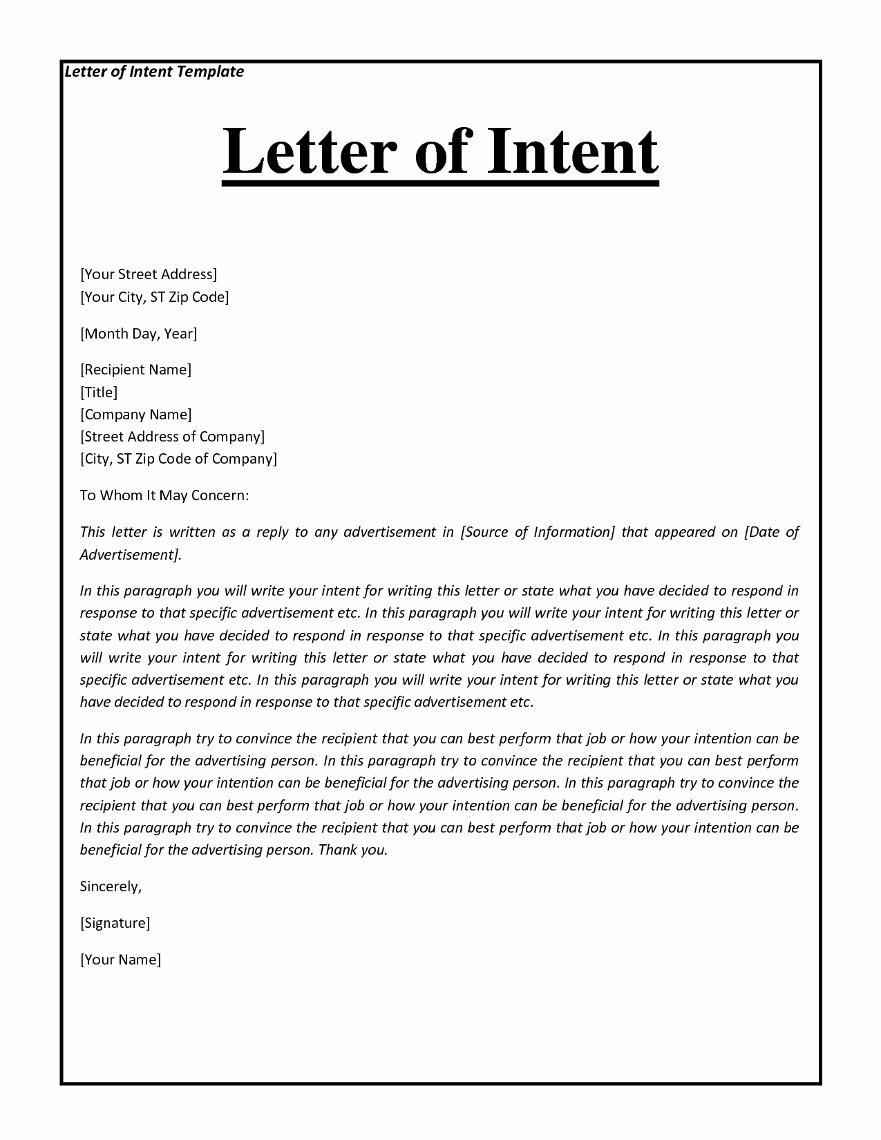 Sample Of Letter Of Intend New Letter Intent format