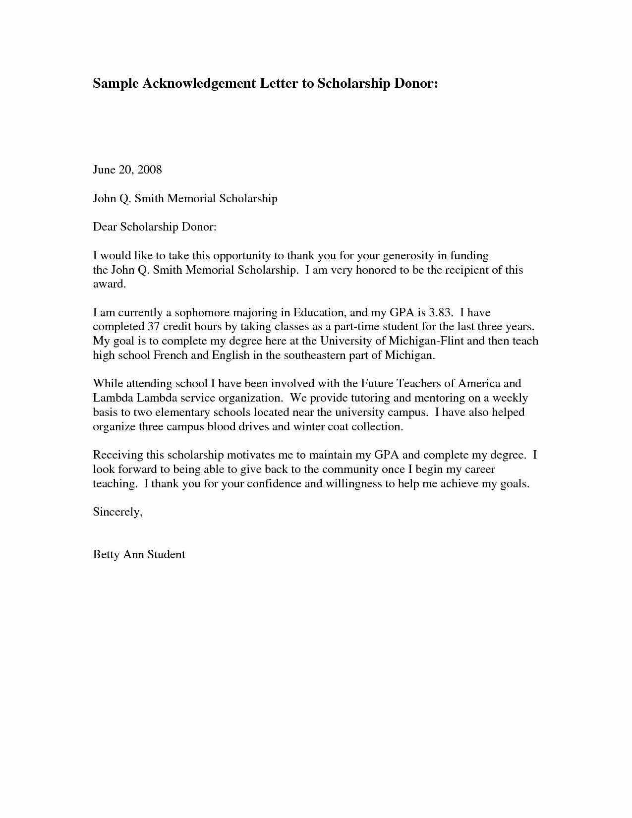 Scholarship Thank You Letters Sample Best Of Donor Thank You Letter Sample