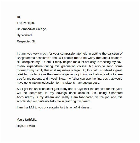 Scholarship Thank You Letters Sample Lovely Sample Thank You Letter for Scholarship 9 Download Free