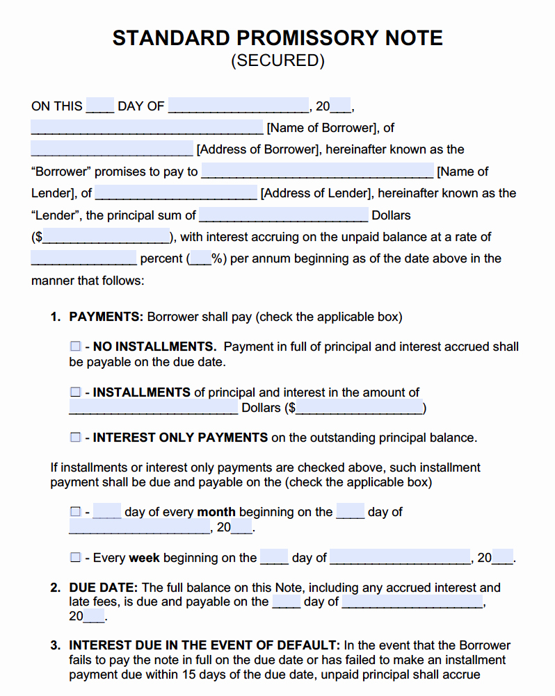 Secured Promissory Note Template Fresh Secured Promissory Note Templates Promissory Notes