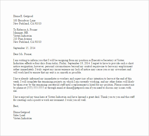 Short Notice Resignation Letter Lovely 11 Notice Of Resignation Letter Templates Doc Pdf