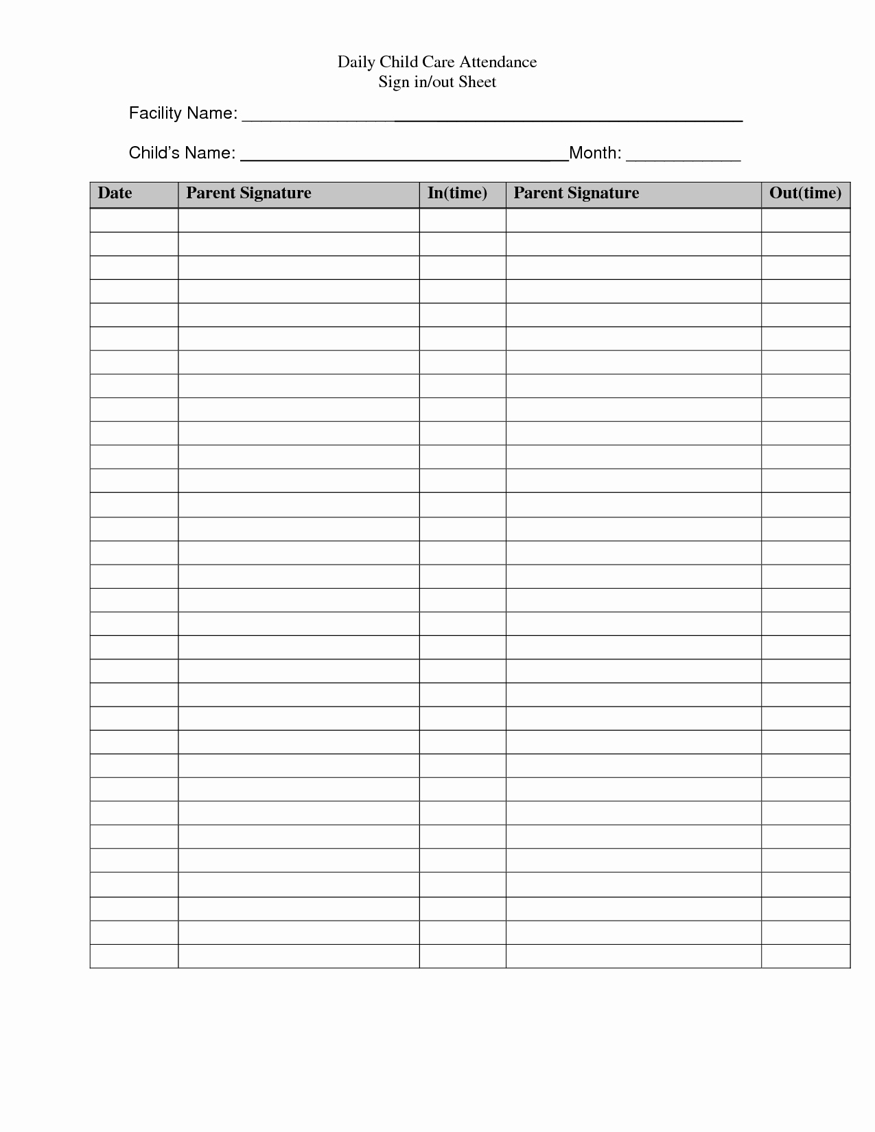 Sign In and Out Sheet New Templates that are Free for Daycare Signs
