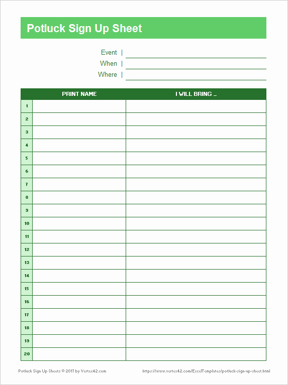 Sign Up Sheet Pdf Awesome Potluck Sign Up Sheets for Excel and Google Sheets
