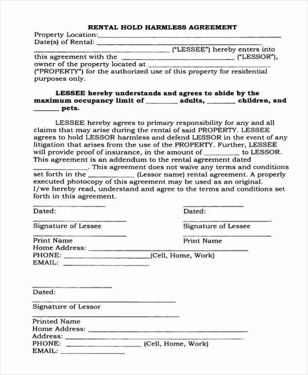 Simple Hold Harmless Agreement Inspirational Sample Hold Harmless Agreement form 12 Free Documents