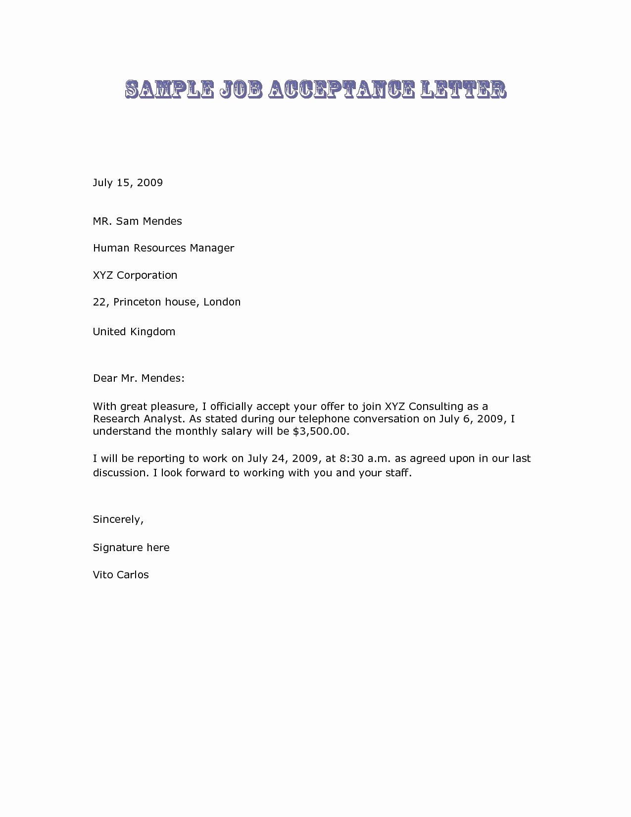 Simple Job Offer Letter Sample Elegant Job Acceptance Letter