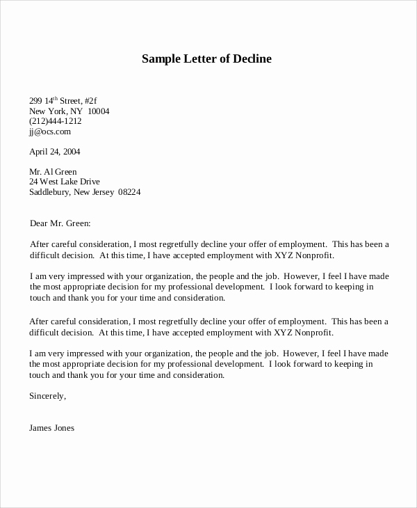 Simple Job Offer Letter Sample Inspirational Sample Decline Fer Letter 5 Documents In Pdf Word