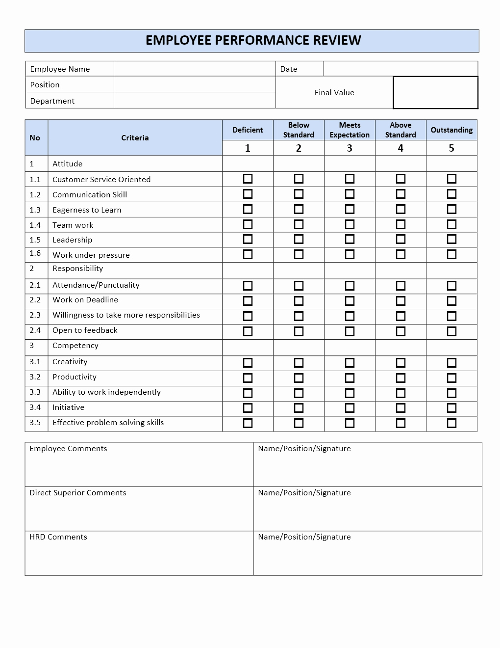 Simple Performance Review Template Lovely Employee Performance Review form