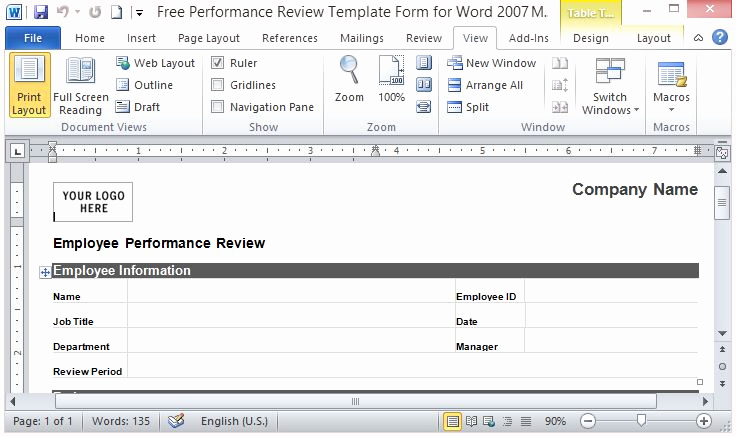 Simple Performance Review Template Unique Free Performance Review Template form for Word 2007