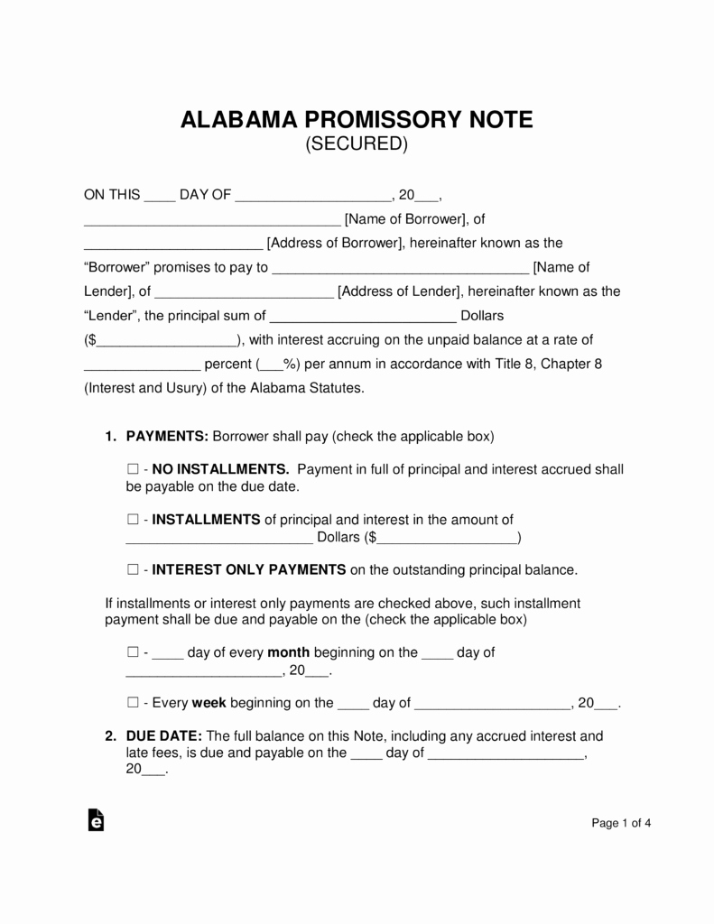 Simple Promissory Note No Interest Luxury Free Alabama Secured Promissory Note Template Pdf