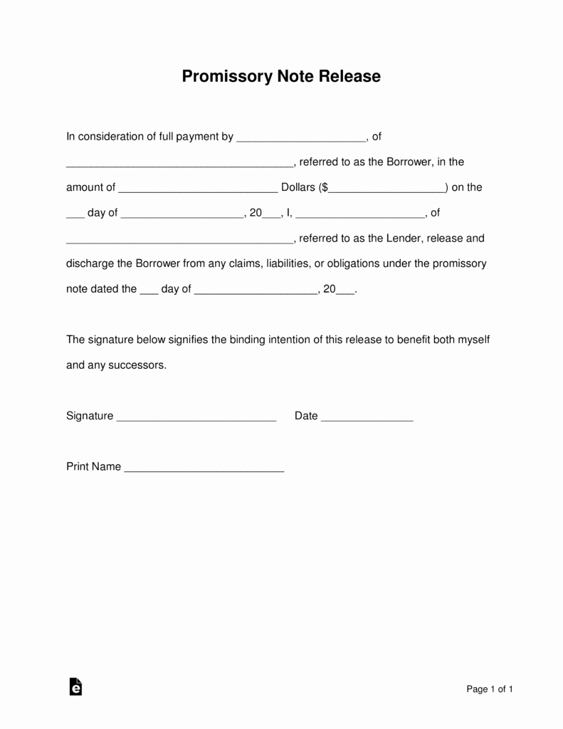 Simple Promissory Note Sample Awesome Free Promissory Note Loan Release form Word