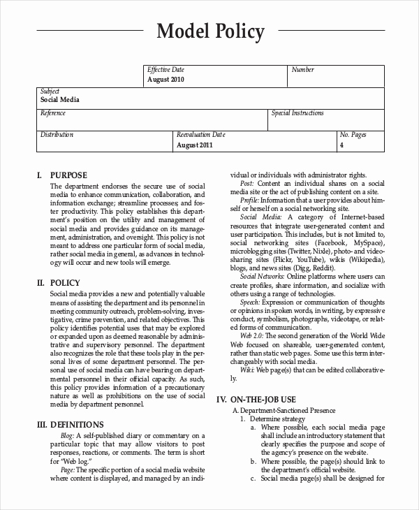 Social Media Policy Templates New social Media Policy Template 8 Free Word Pdf Document