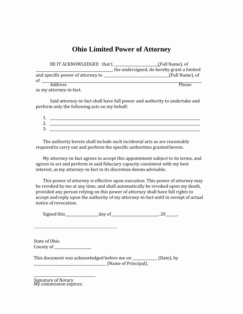 Special Power Of attorney form Elegant Free Ohio Limited Power Of attorney form Pdf