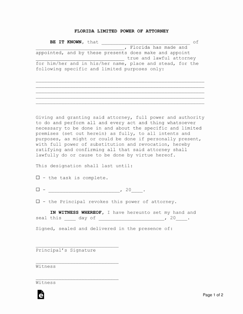 Special Power Of attorney form Unique Free Florida Limited Power Of attorney form Pdf