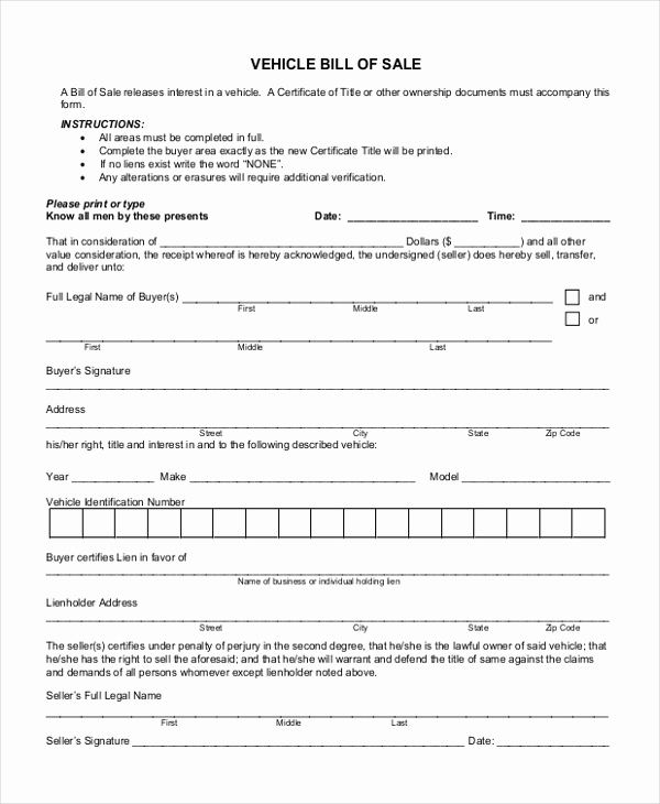 Standard Bill Of Sale Lovely Sample Bill Of Sale form for Vehicle 8 Free Documents