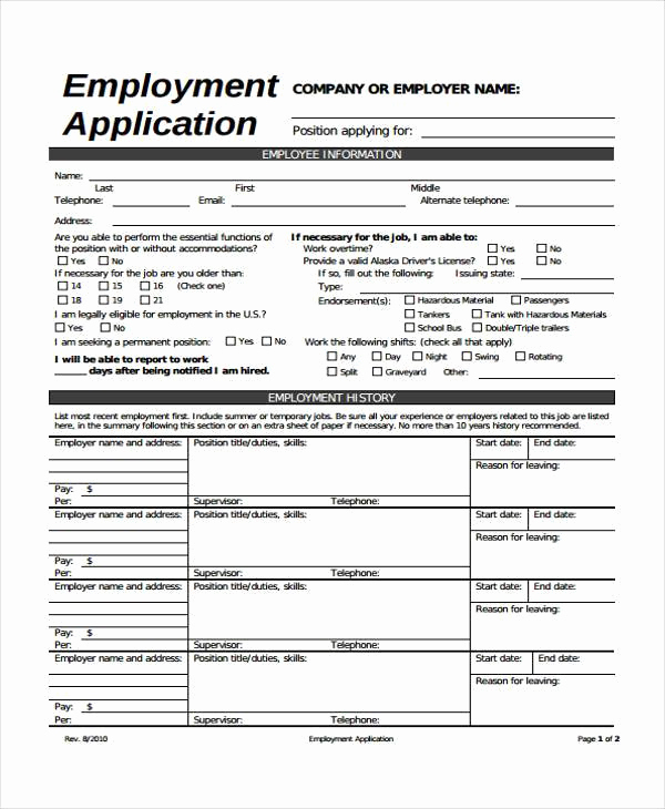Standard Job Application form Beautiful Employment form Templates