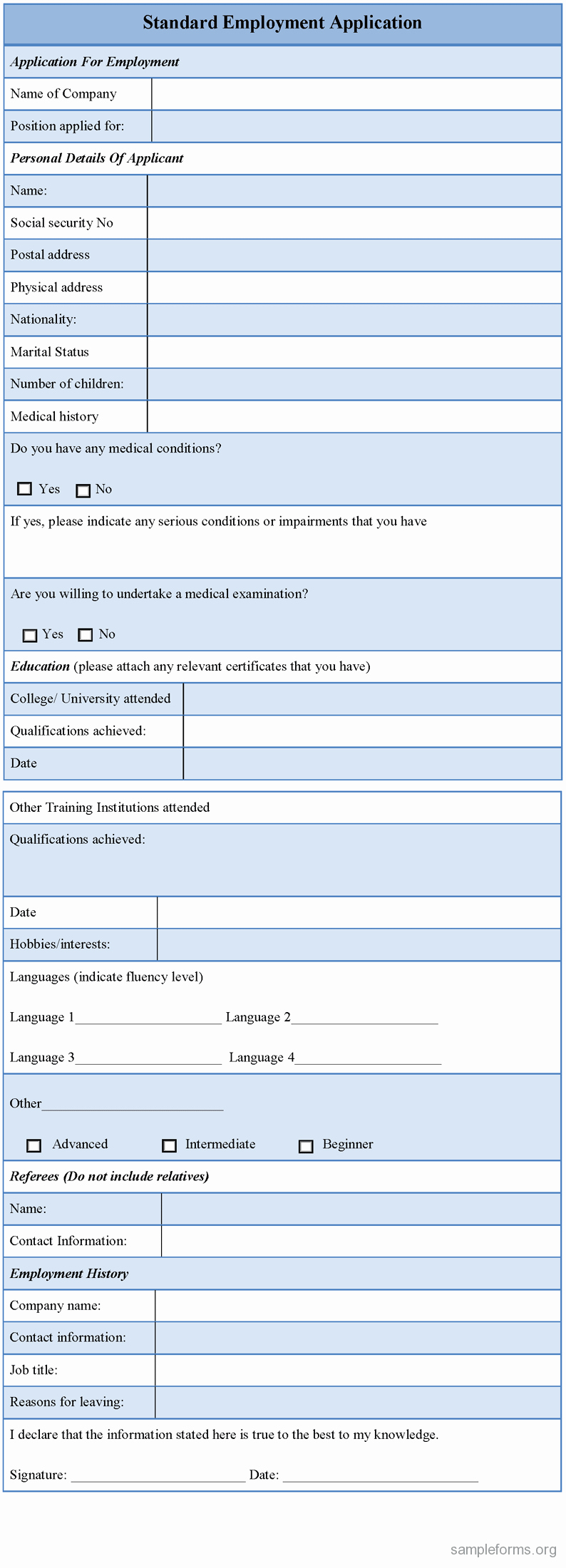 Standard Job Application forms Fresh Standard Employment Application form Sample forms