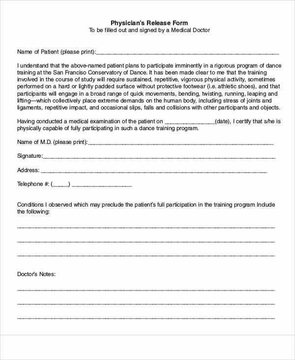 Standard Medical Records Release form Beautiful Sample Physician Release form 9 Examples In Word Pdf