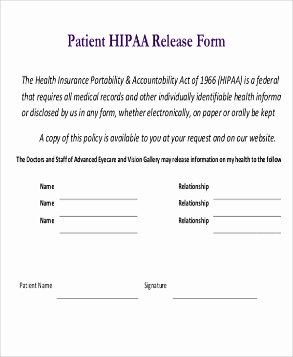 Standard Medical Records Release form New Sample Hipaa Release forms 10 Free Documents In Pdf