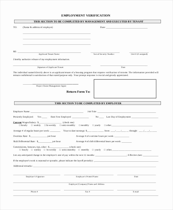 Standard Verification Of Employment form Unique 8 Employment Verification Sample forms Free Example