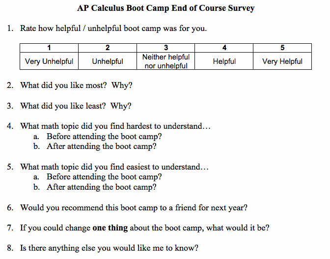 Survey Questions for Students Elegant A Win Win with Ap Calculus Boot Camp