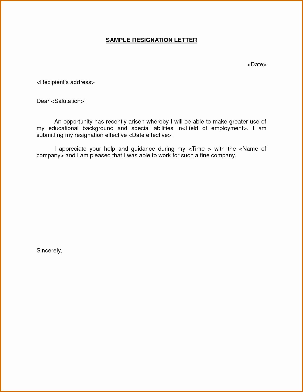 Template for Resignation Letter Inspirational Basic Resignation Letter Samples Simple Sample Doc