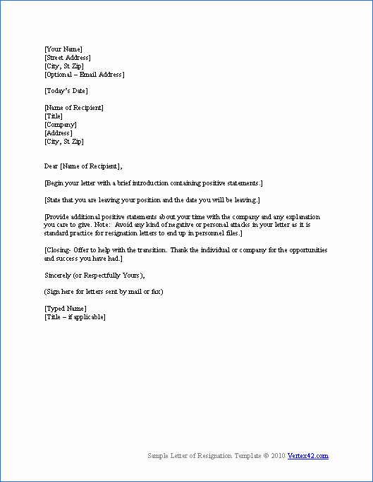 Template for Resignation Letter Unique Free Letter Of Resignation Template