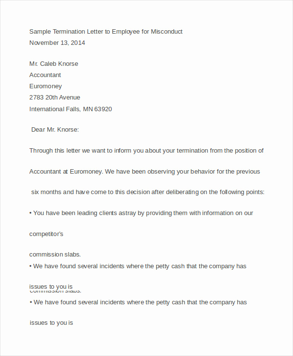 Termination Letter to Employee Awesome 10 Employee Termination Letter Templates Doc Pdf Ai