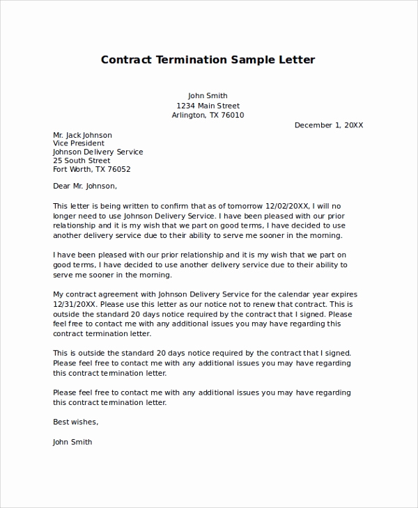 Termination Of Contract Letter Elegant 9 Sample Termination Letters