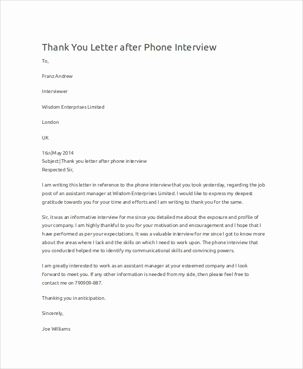 Thank You for Interview Sample Fresh Sample Thank You Letters for Interview 7 Examples In