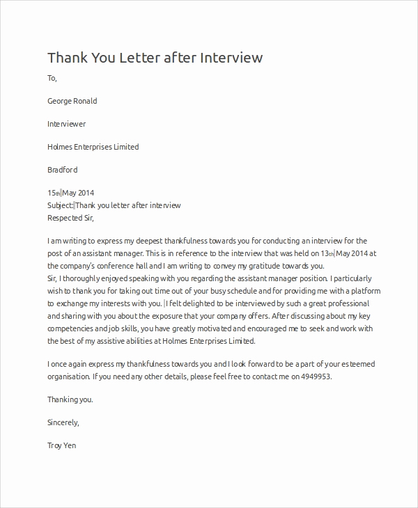 Thank You for Interview Sample Lovely Sample Interview Thank You Letter 10 Examples In Word Pdf