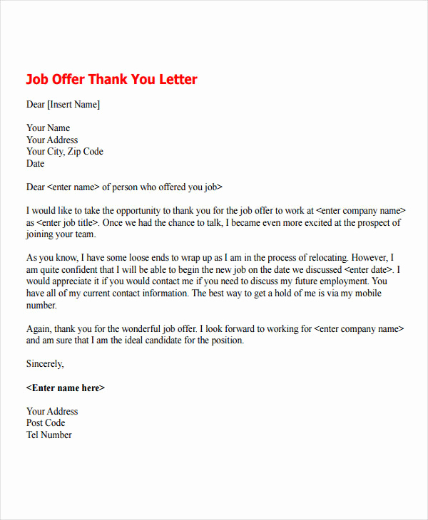 Thank You for Job Offer Fresh 7 Job Fer Thank You Letter Templates Free Samples