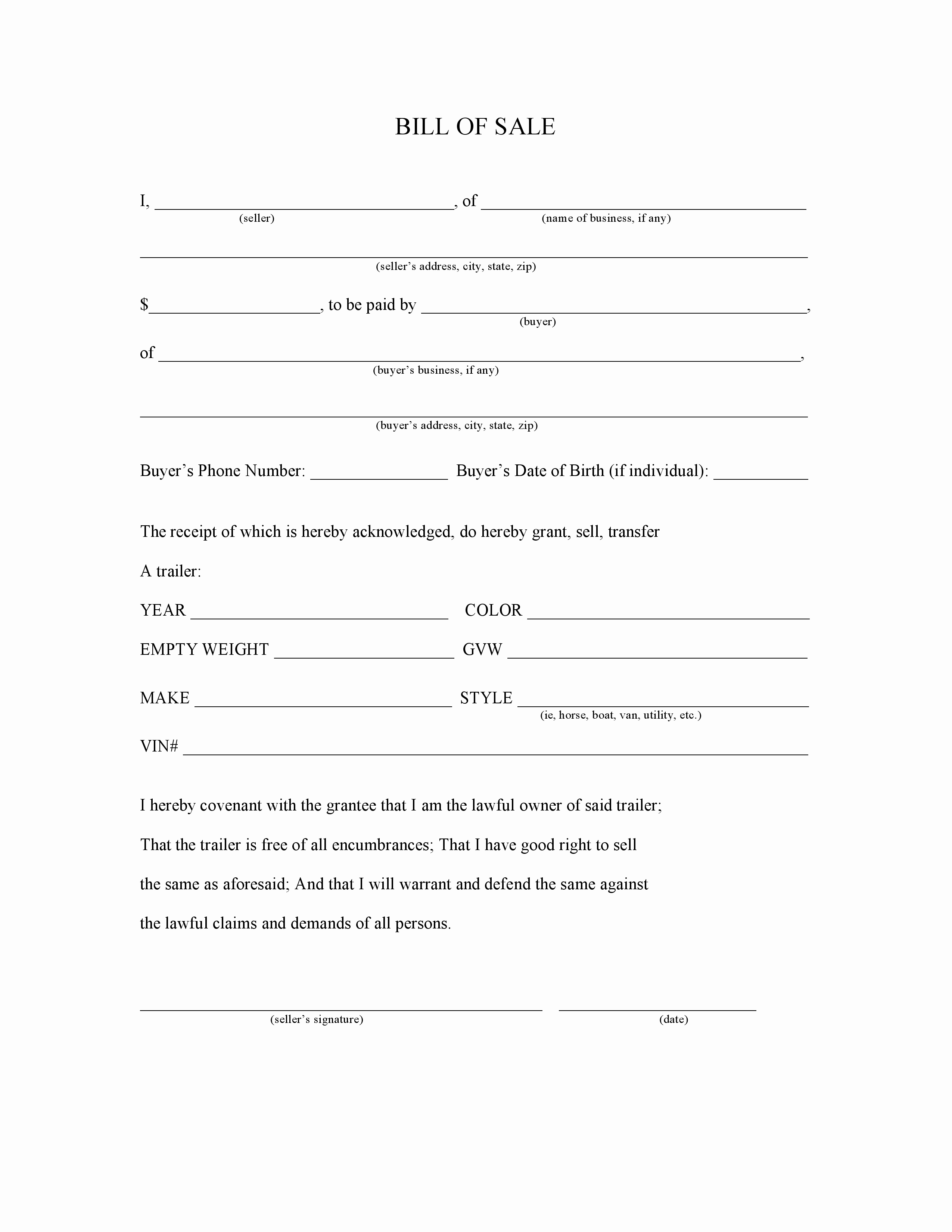 maine trailer bill of sale pdf template