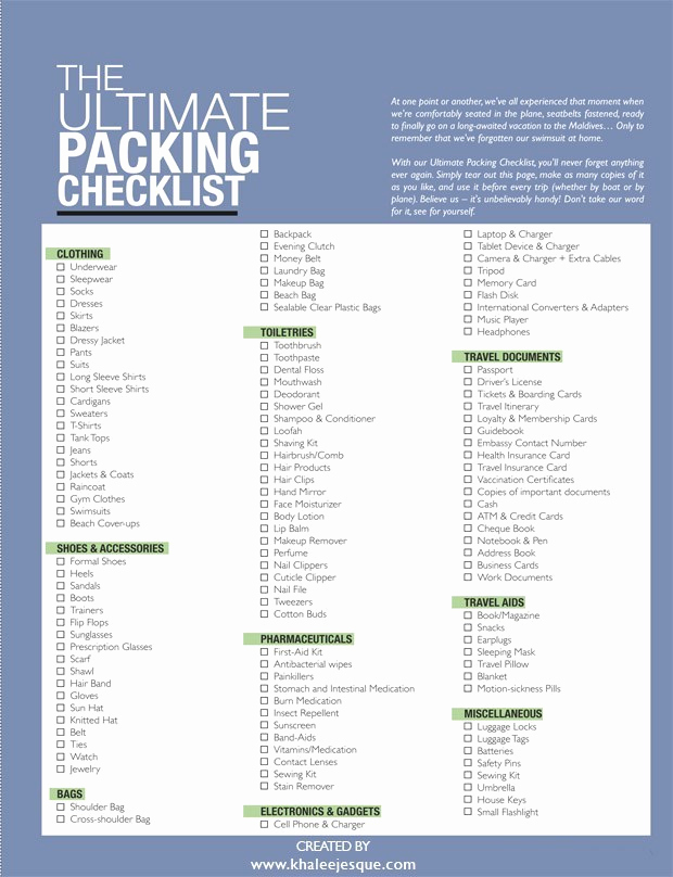 Travel Packing Checklist Pdf Fresh the Ultimate Packing Checklist Khaleejesque