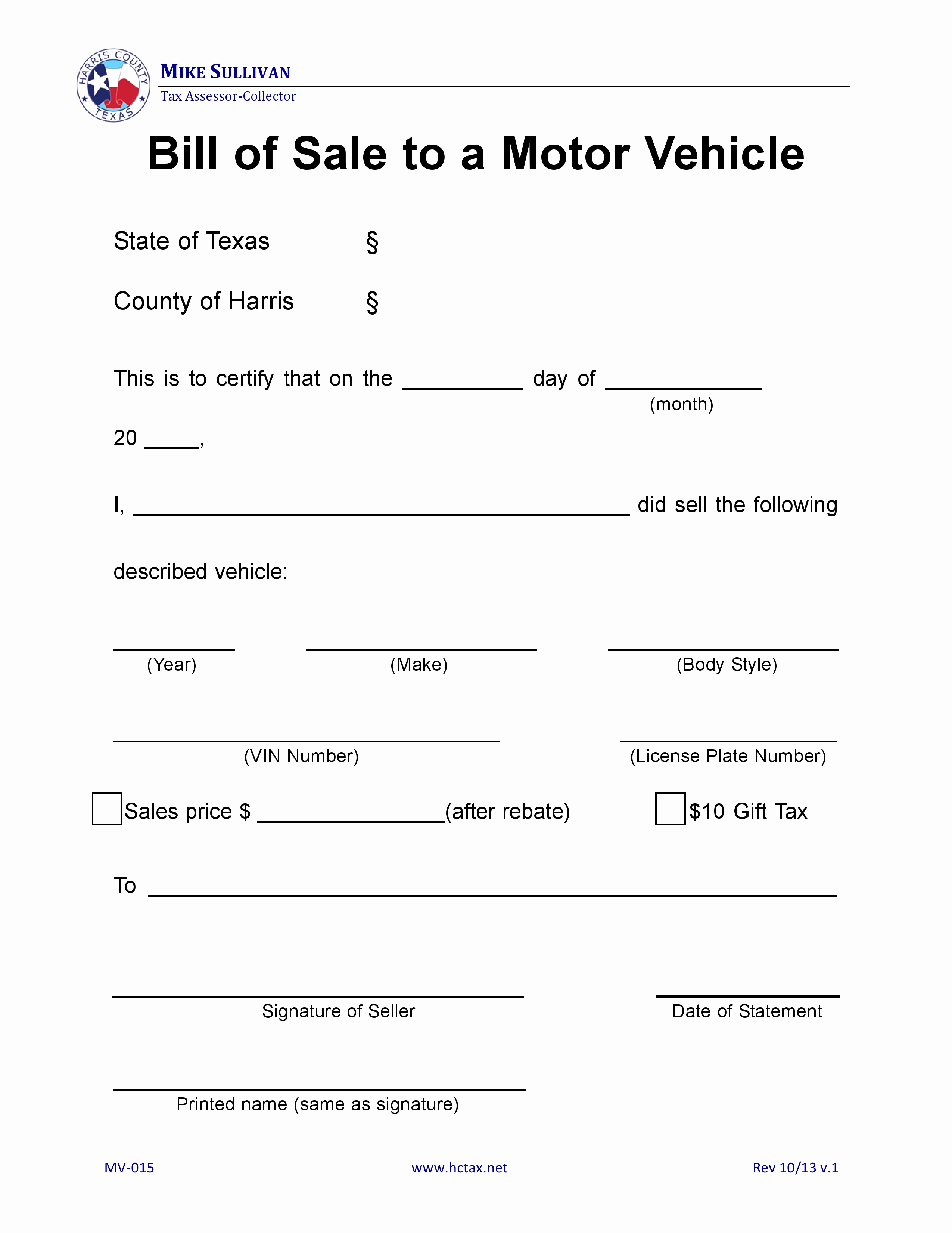 Truck Bill Of Sale New Free Harris County Texas Motor Vehicle Bill Of Sale Mv