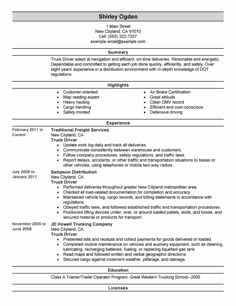 Truck Driver Resume Sample Unique Best Truck Driver Resume Example