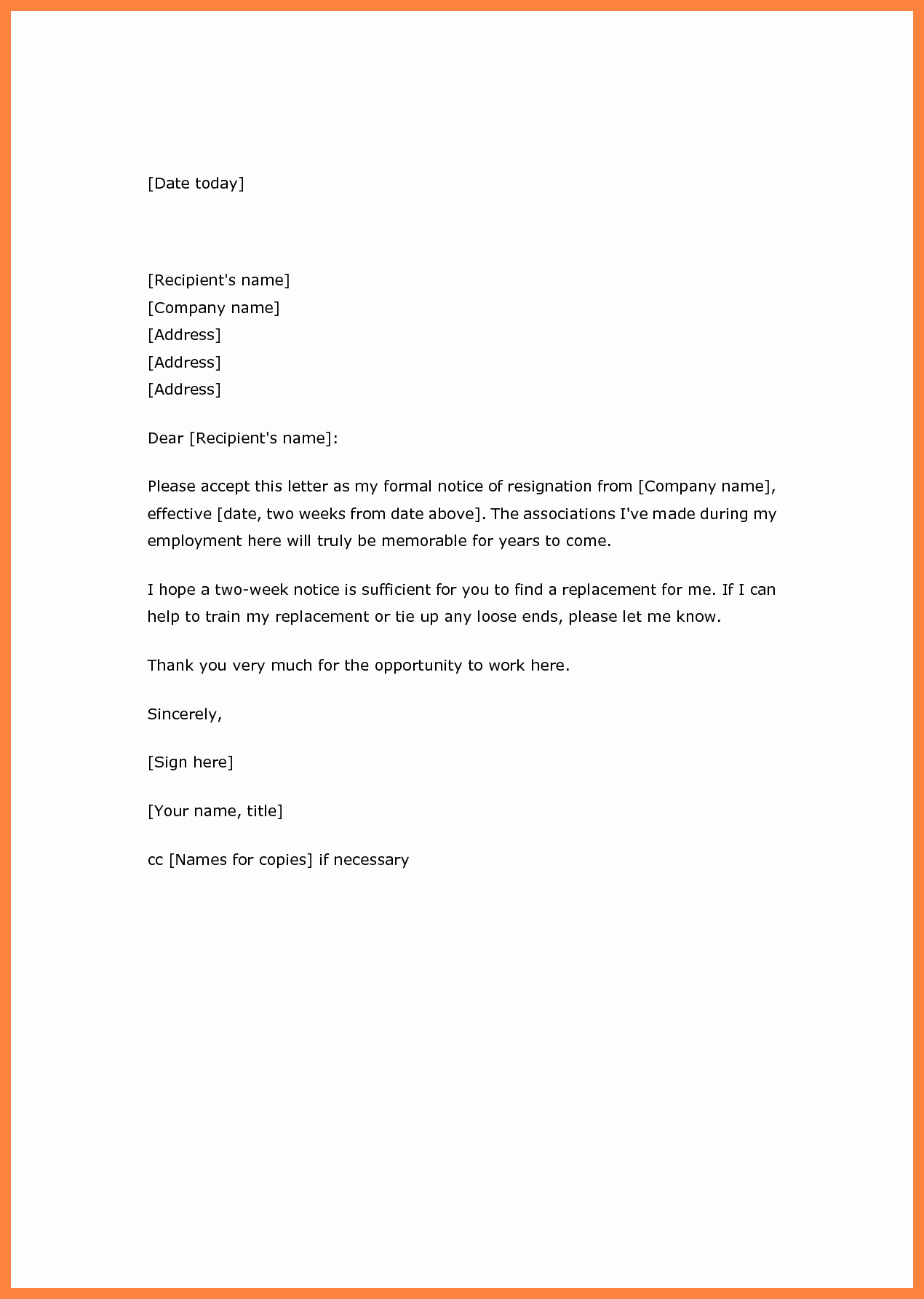 Two Week Notice Letter Template Beautiful Two Weeks Notice Letter Template
