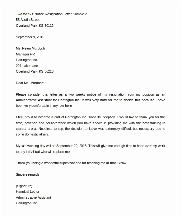 Two Week Notice Letter Template Fresh formal Letter Resignation 2 Weeks Notice