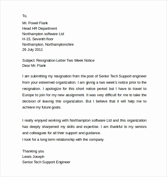 Two Week Resignation Letter Awesome Sample Resignation Letters 2 Week Notice 8 Free
