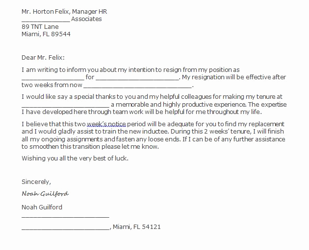 Two Week Resignation Letter Unique 40 Two Weeks Notice Letters &amp; Resignation Letter Templates