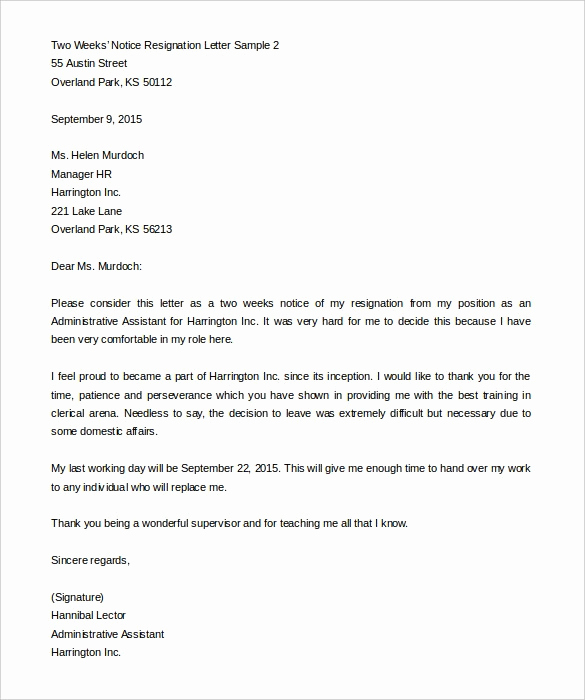Two Weeks Notice Letter Sample Awesome 2 Week Notice Letter for Work