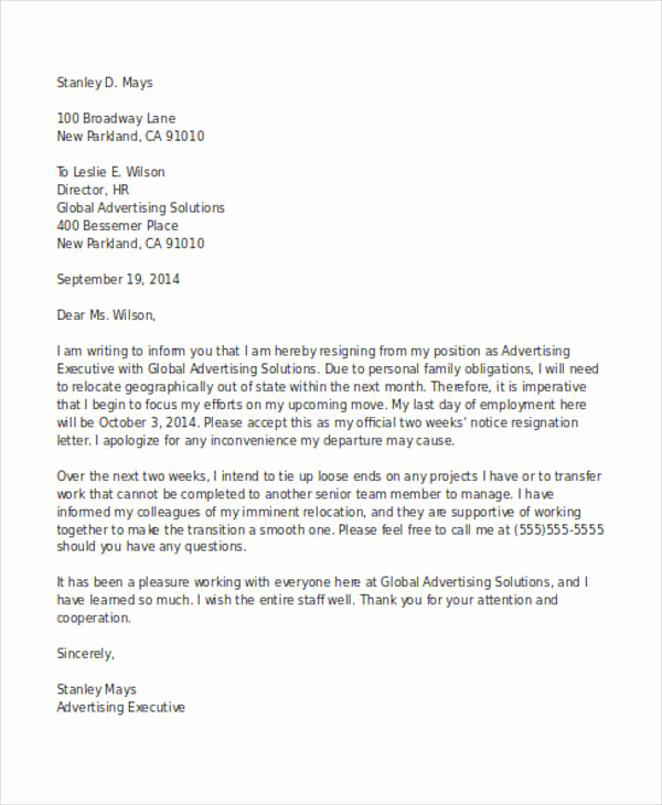 Two Weeks Notice Letter Sample Awesome 23 Two Weeks Notice Letter Examples &amp; Samples Google