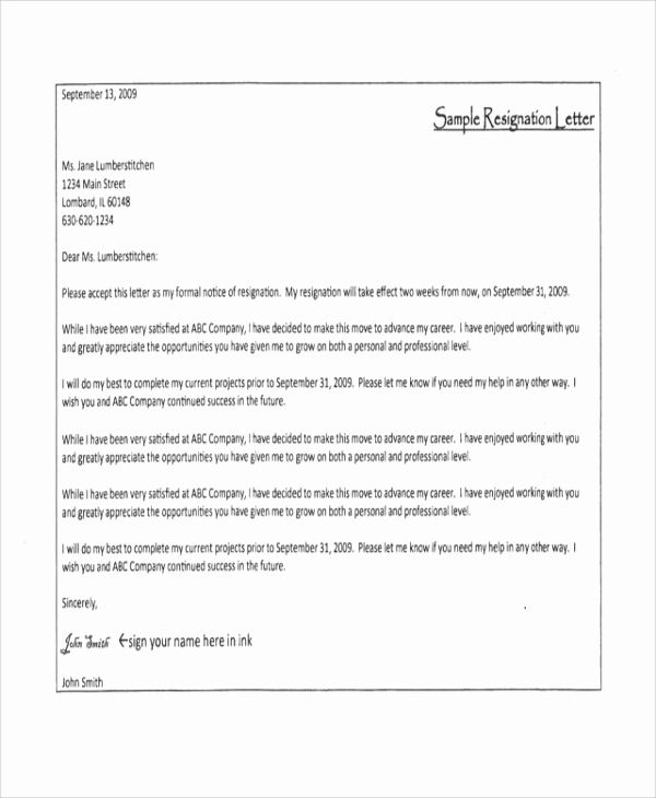 Two Weeks Notice Letter Sample Best Of Sample Resignation Letter with 2 Week Notice 6 Examples