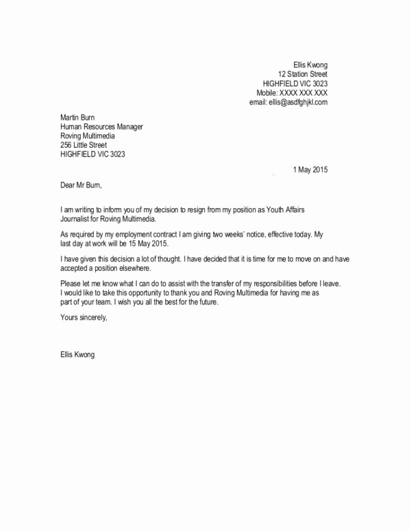 Two Weeks Notice Letter Sample Elegant Resignation Letter format